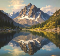 Obraz premium Illustration of lake landscape with mountain and water reflection.