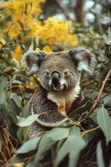 Fototapeta premium Koala with open mouth and bright eyes, among foliage with yellow flowers.
