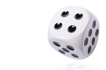 Isolated large white die or dice with black dots on white background, template of a die or dice, gambling addiction or table game concept, copy space