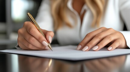 A woman in a white shirt writing at a desk with a gold pen.