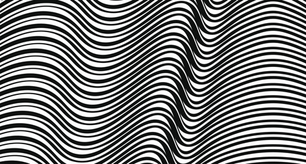 Warped reality, an exploration of curvilinear distortion and the mesmerizing flow of abstract wavy line in bold black and white geometric patterns.