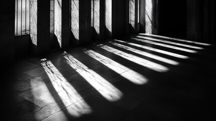 Sunbeams stream through tall windows onto a dark floor, creating dramatic light and shadow patterns.