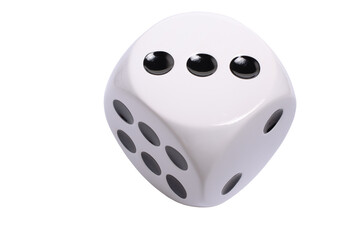 Isolated large white die or dice with black dots on transparent background, template of a die or...
