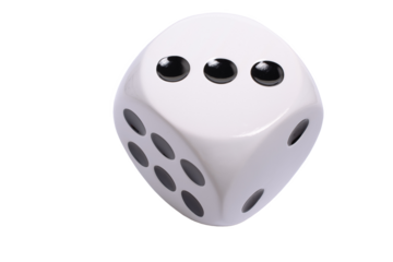 Isolated large white die or dice with black dots on transparent background, template of a die or dice, gambling addiction or table game concept, PNG