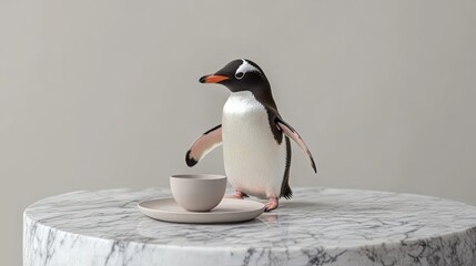 Obraz premium A penguin holding a tea tray on a neutral marble surface for hospitality services. digital