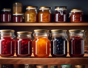 Una estantería en una despensa casera con tarros de cristal llenos de mermelada y confitura de diferentes frutas