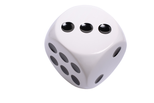 Isolated large white die or dice with black dots on transparent background, template of a die or dice, gambling addiction or table game concept, PNG