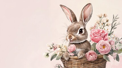 Obraz premium A bunny delivering flowers in a minimalist basket for floral delivery. digital