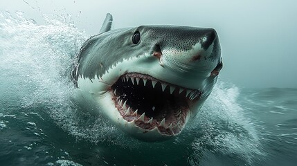 Obraz premium Emerging from misty waters, a great white shark's wide open jaws create a thrilling, intense atmosphere capturing its raw power and danger.