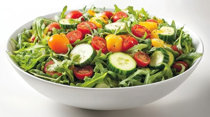 Fresh salad with arugula, cherry tomatoes, and cucumber in a white bowl.