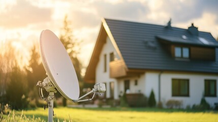 Contemporary satellite tv dish installed on the exterior of a country home for enhanced reception