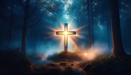 Fototapeta premium A glowing cross stands at the center of a dark, mist-covered forest, with ethereal mist swirling at its base, casting a soft, divine light through the shadows. 