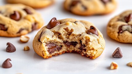 Partially Eaten Chocolate Chip Cookie on White Surface