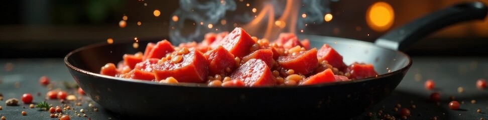 Beef particles airborne, escaping sizzling pan , scattered, beef