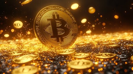 Falling gold coins around a larger Bitcoin symbolize cryptocurrency's dynamic world.