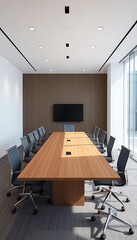 Modern Office Interior Large Wooden Conference Table Ergonomic Chairs