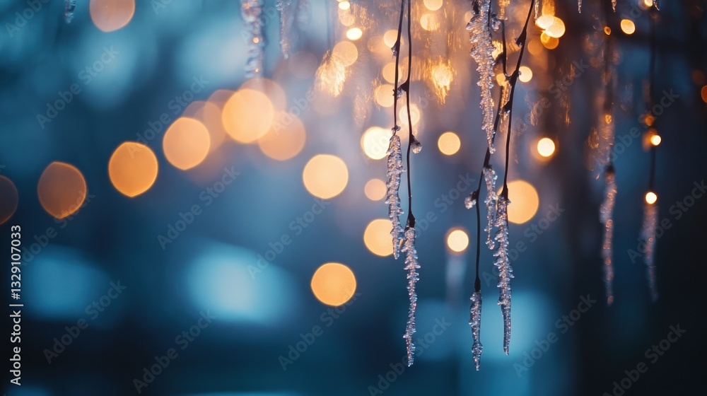 Poster frosty branches with warm bokeh lights at night.