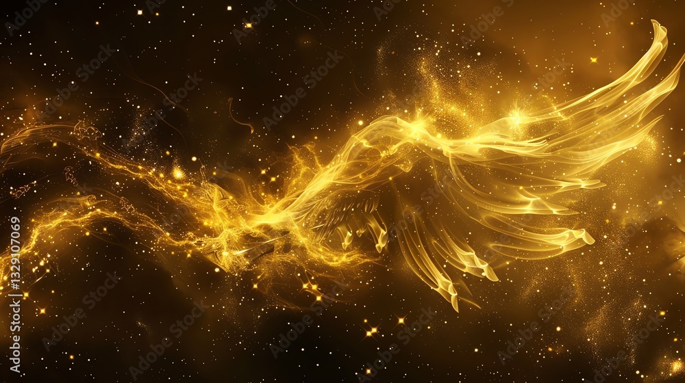 Poster abstract gold light in swirling patterns on a black background with tiny gold stars.