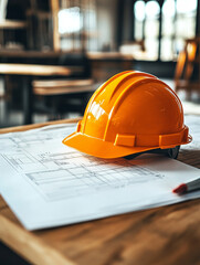 Construction plans and safety gear in workspace