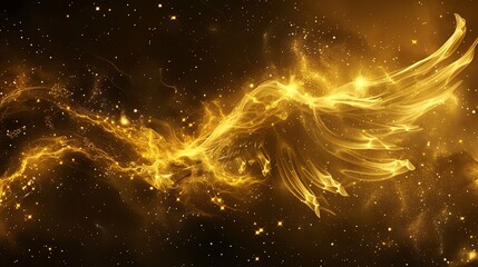 Abstract gold light in swirling patterns on a black background with tiny gold stars.