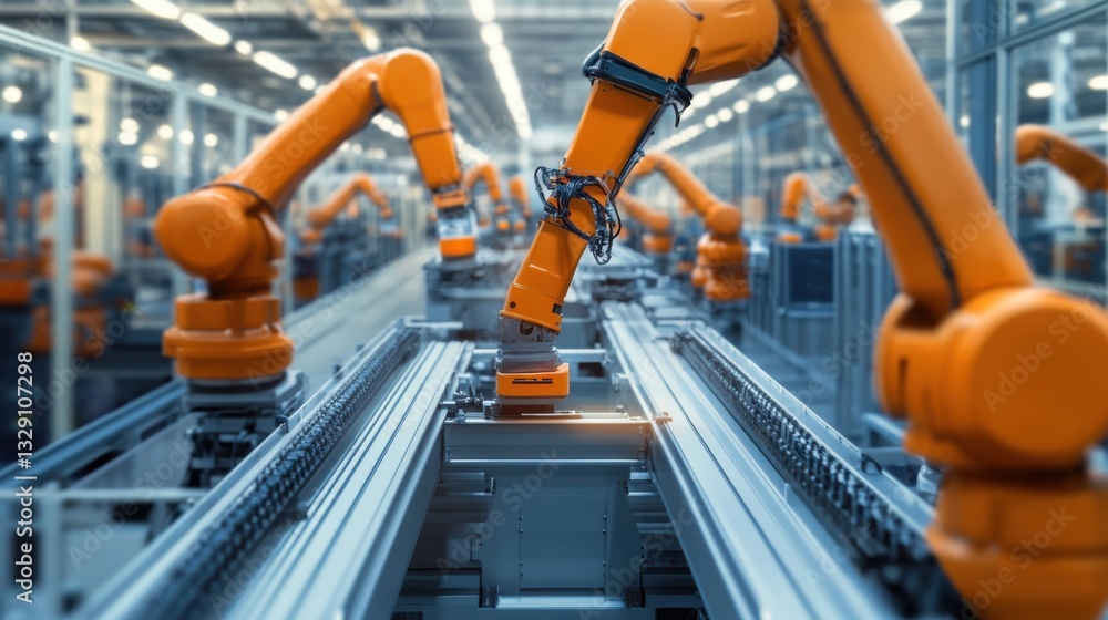 Wall mural a smart robotics assembly line, modern factory with automated robotic arms, industrial tech style