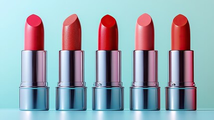 Five slightly different shades of red and pink lipstick stand on a light blue surface, showcasing a color gradient for various makeup styles.