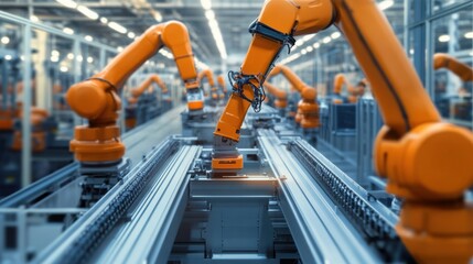 A smart robotics assembly line, modern factory with automated robotic arms, Industrial tech style