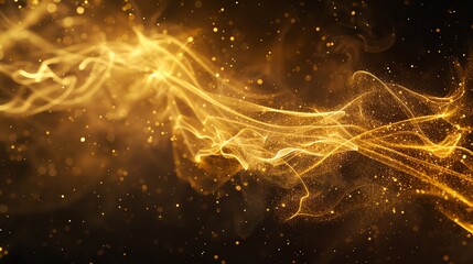 Abstract background with swirling gold smoke and sparkles against a black background.