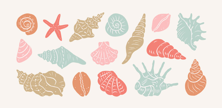 Collection hand drawn seashells in pastel colors. Minimalist vintage marine silhouettes. Collage style. Summer coastal design elements for trendy prints, invitation, menu cover. Tropical beach shells.