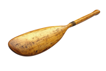 A Weathered Wooden Paddle, A Silent Storyteller Of Journeys Across Water, Its Worn Surface Whispering Tales Of Countless Voyages, Showcasing Intricate Hand-carved Detailing On The Handle Isolated on T