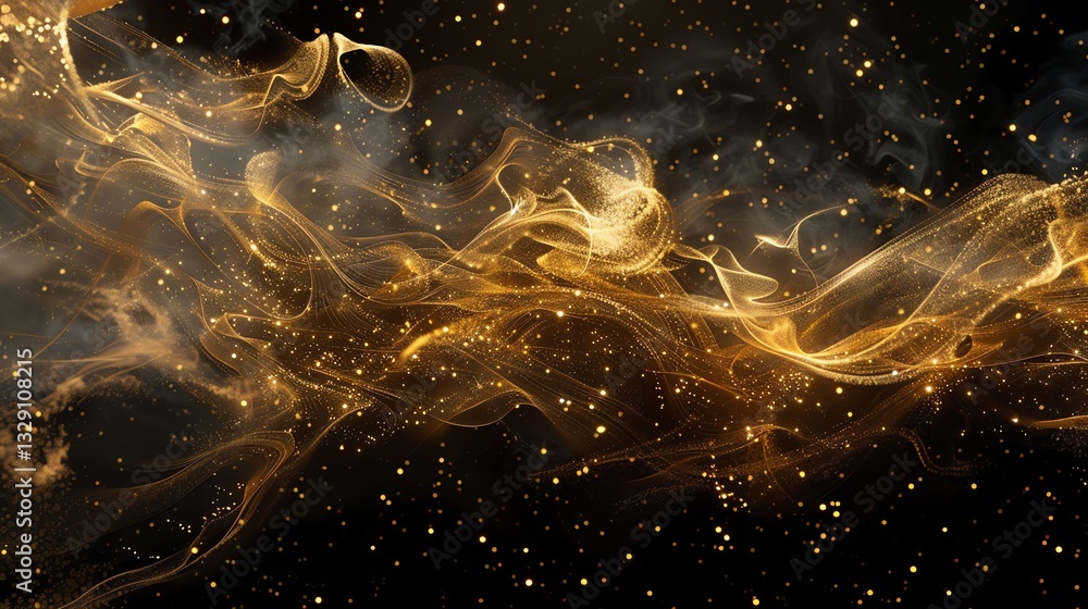 Canvas Prints abstract golden waves with sparkles against a black background.