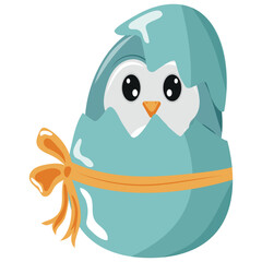 icon of a blue penguin sitting in a blue egg with a bow, design for Easter decorations