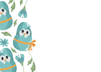poster template with blue penguin icon sitting in blue egg with bow and colorful flowers, design for Easter decorations
