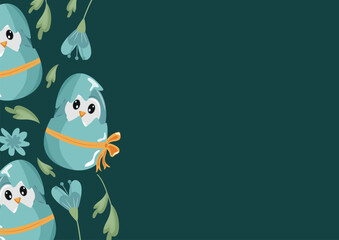 poster template with a blue penguin icon sitting in a blue egg with a bow and colorful flowers on a blue background, design for Easter decorations