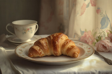 Buttery Croissant on a White Plate Isolated on Clean Background