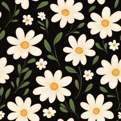 Creamy White Daisies and Green Leaves Seamless Pattern on Black Background