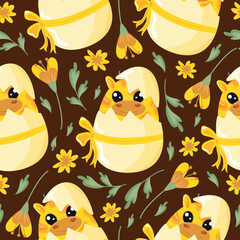seamless pattern with icons of a yellow giraffe sitting in a yellow egg with a bow with colorful flowers on a brown background, design for Easter decorations