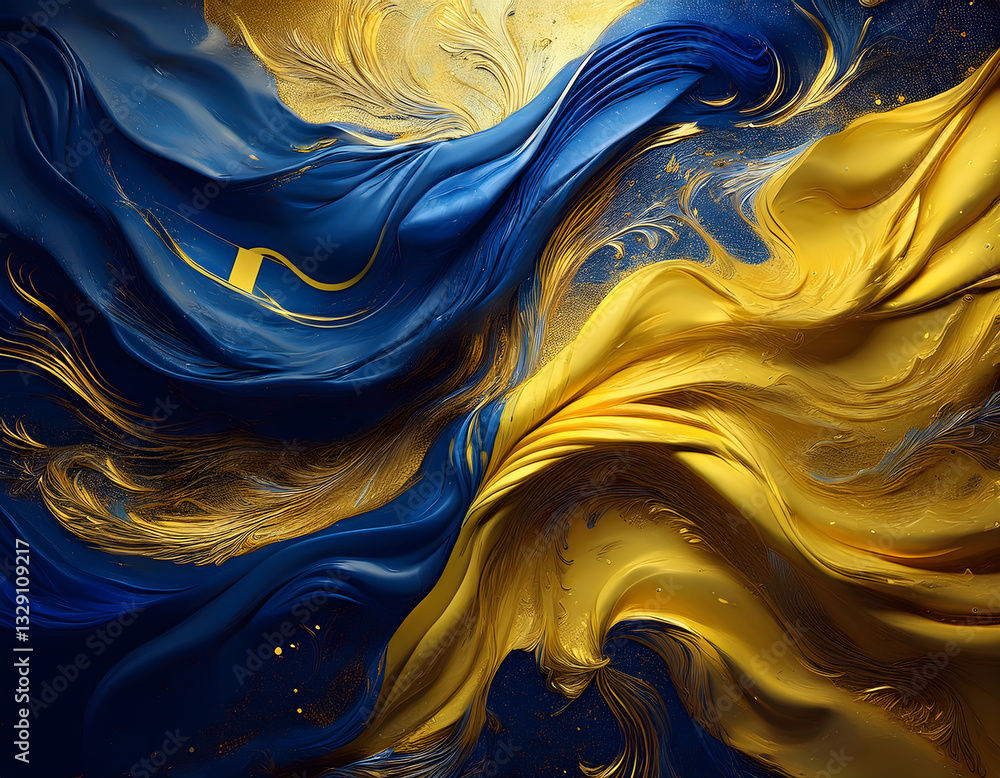 Poster a vibrant swirl of blue and yellow hues with gold accents, creating a dynamic and fluid abstract com