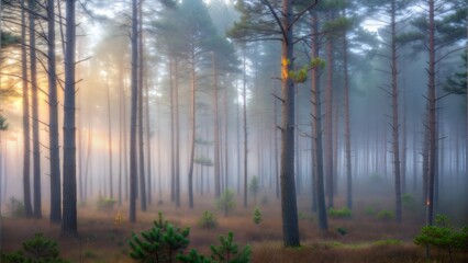 Misty forest landscape at dawn with soft sunlight filtering through the trees