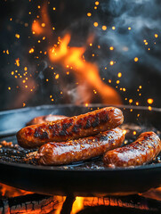 Juicy fried sausages cooked in a pan over an open fire. Flames can be seen rising up and sparks flying in the air.