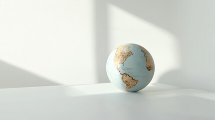 A single globe placed on a white table for travel-themed stock. digital