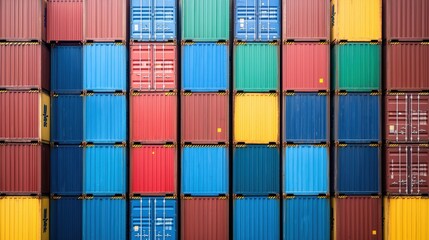 Fototapeta premium Import Tariffs economy costs concept. Colorful shipping containers stacked in a grid pattern.