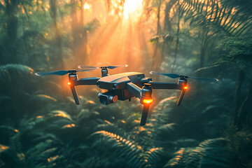 Drone flying through lush forest during golden hour