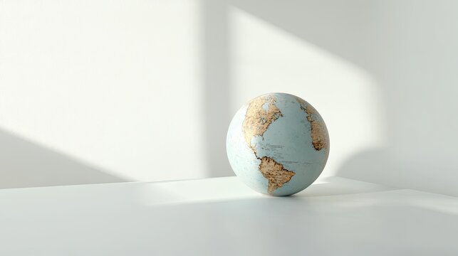 A single globe placed on a white table for travel-themed stock. digital