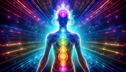 A futuristic digital design of chakra energy pathways, like a high-tech blueprint of the human body, glowing in neon hues