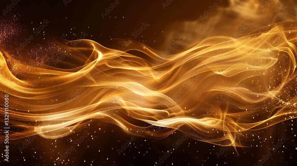 Poster abstract background with gold wavy lines and glittering particles.