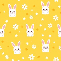 Adorable White Rabbits and Daisies Seamless Pattern on Yellow Background