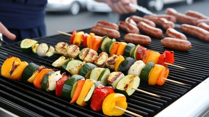 Grilled skewers and sausages sizzling on a barbecue, showcasing vibrant vegetables and meat, ideal for outdoor gatherings and summer cookouts.