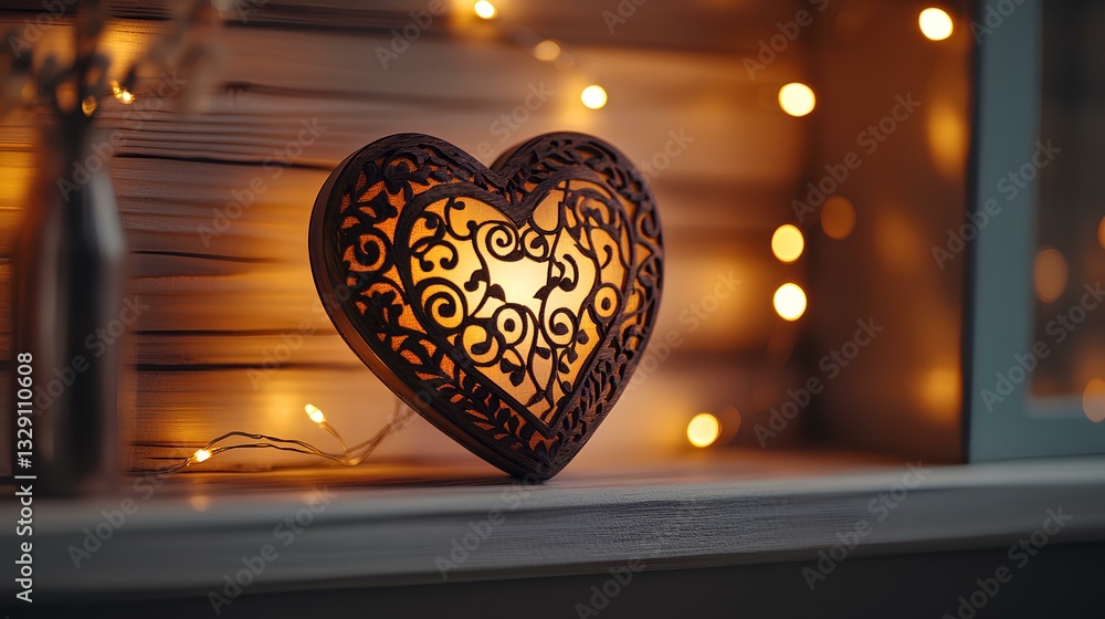 Poster heart-shaped music box with intricate carvings, placed on a polished wooden shelf with glowing strin