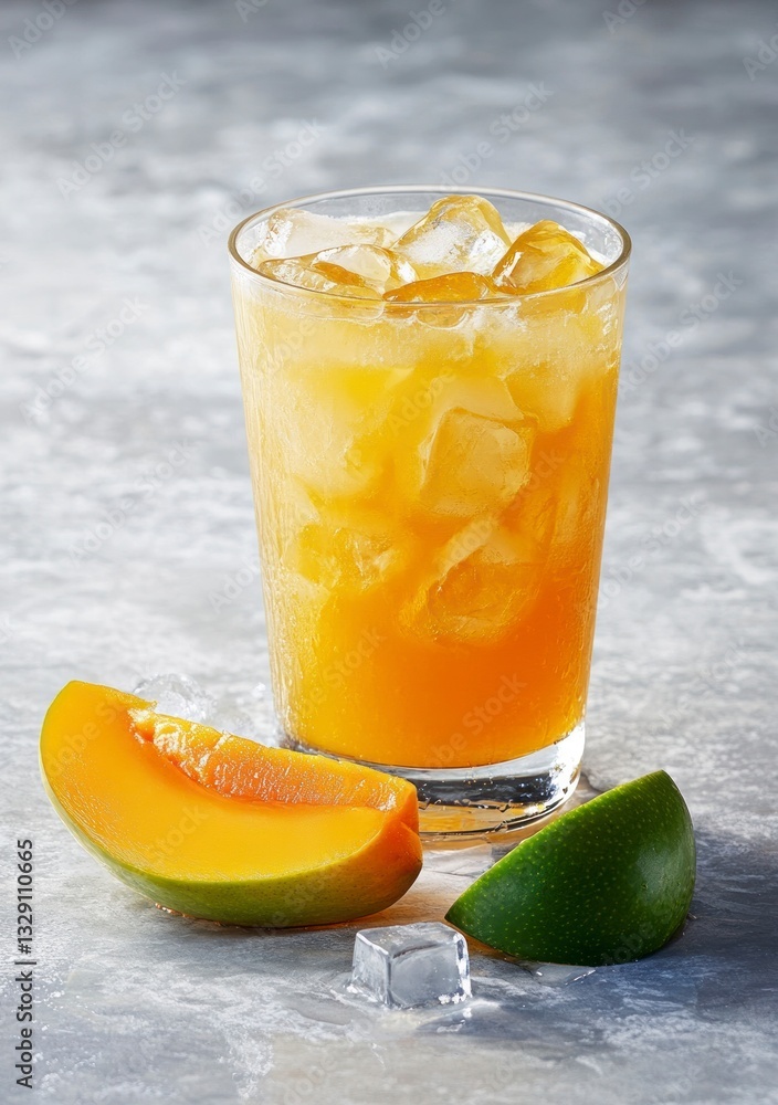 Poster refreshing mango drink with ice cubes and fruit slices on table
